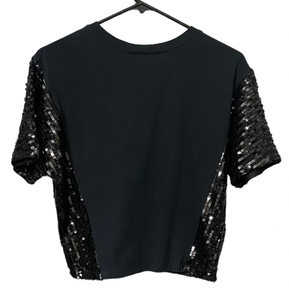 bebe Girls - Black & Sequin Logo Top - Short Sleeve Shirt - Size 14 Large
